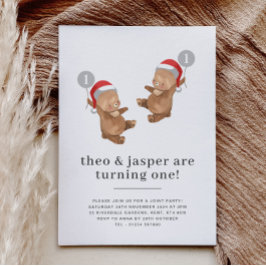 Convites Twins Bear Balão Santa Hat Primeiro Aniversário