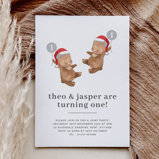 Convites Twins Bear Balão Santa Hat Primeiro Aniversário (Twins Bear Balloon Santa Hat First Birthday Invitation)