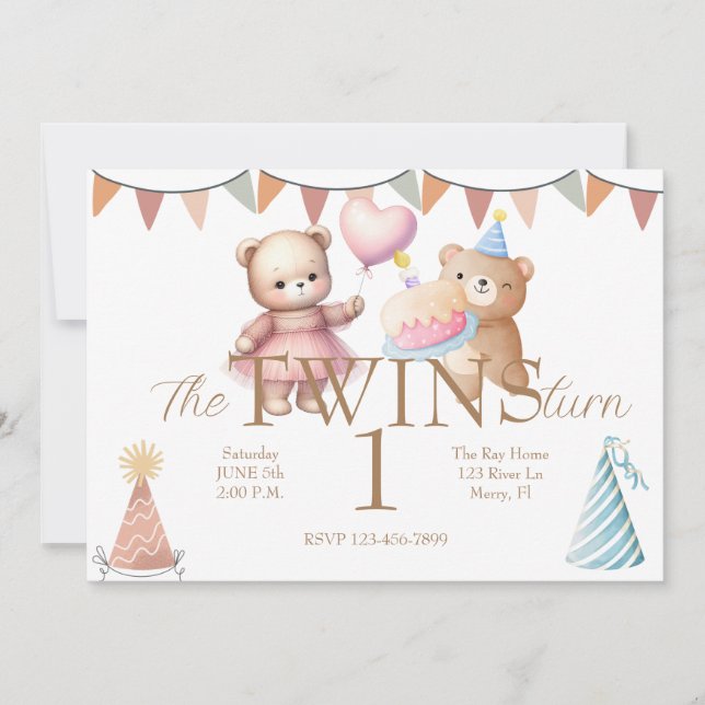 Convites Twins Bear y Primeiro Aniversário (Frente)