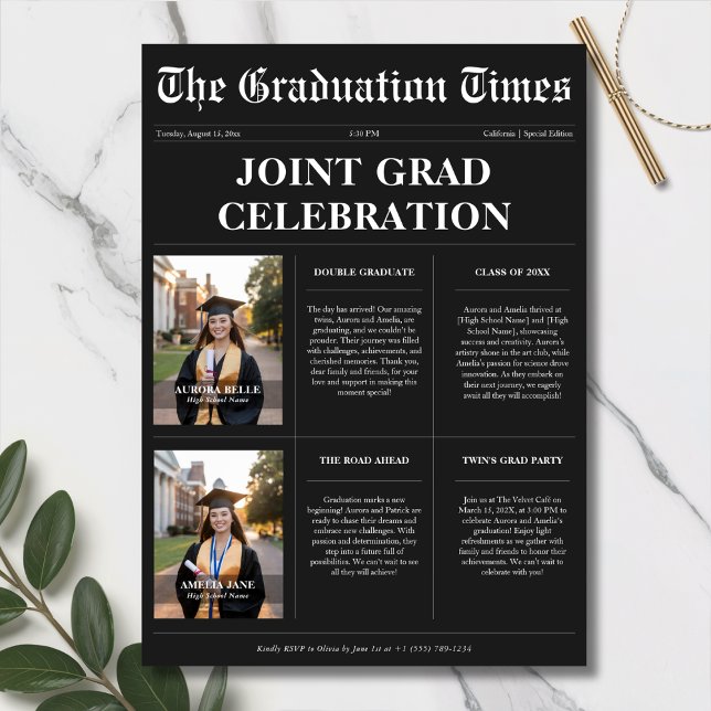 Convites Twins Black Newspaper Joint Graduation Foto (Criador carregado)