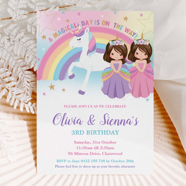Convites Twins Brunette Princesses e Unicorn Aniversário (Criador carregado)