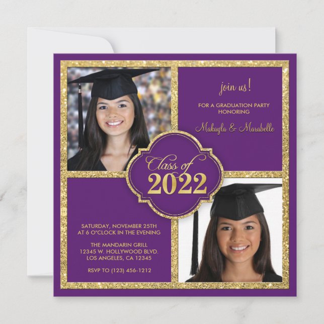 Convites Twins Elegant Black & Purple Glitter Class of 2022 (Frente)