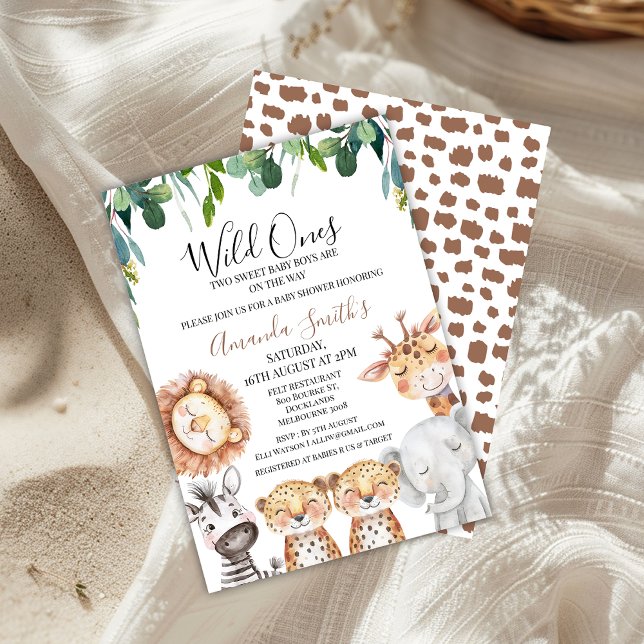 Convites Twins Leopardos Selvagens Chá de fraldas Safari (Twins Safari Baby Shower Invitation, Twin Boys Safari Baby Shower Invitation, Wild One On The Way)