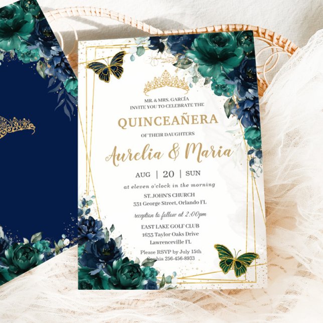 Convites Twins Quinceañera Emerald Green Marinho Blue Flora (Criador carregado)