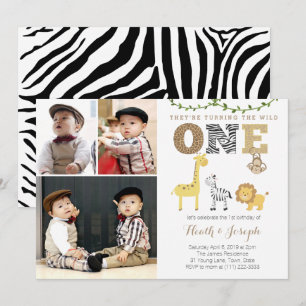 Convites Twins Safari primeiro aniversario Party, Várias F