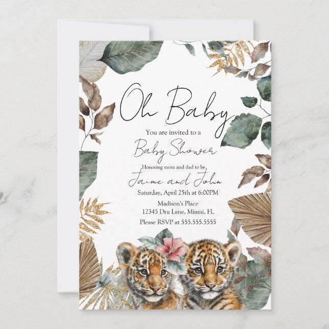 Convites Twins Tiger Jungle Wild Details Baby Shower (Frente)