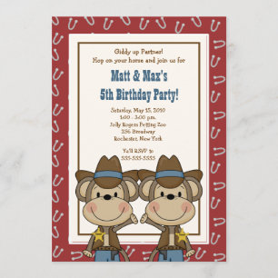Convites TWINS Twin Boys Western Cowboy Monkey 5x7 Anivers