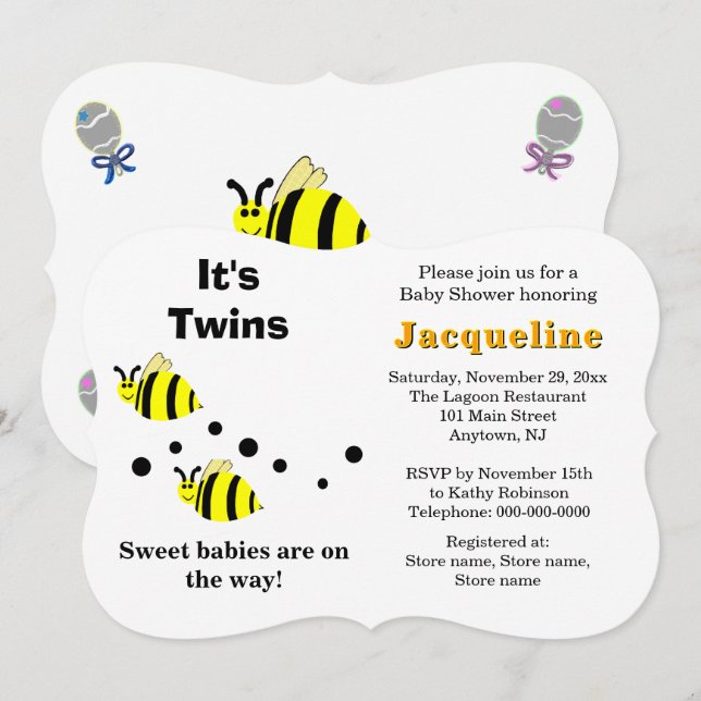 Convites Twins Yellow Bee Baby Rattles Baby Shower  (Frente/Verso)