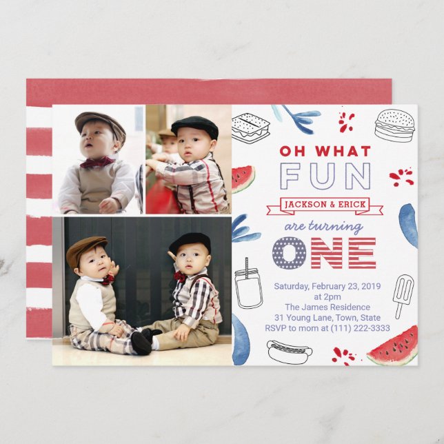 Convites Twints All American primeiro aniversario Multiple  (Frente/Verso)