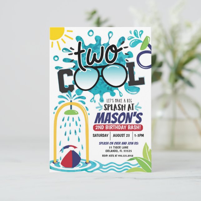 Convites Two Cool Splash Party Birthday Invitation (Em pé/Frente)