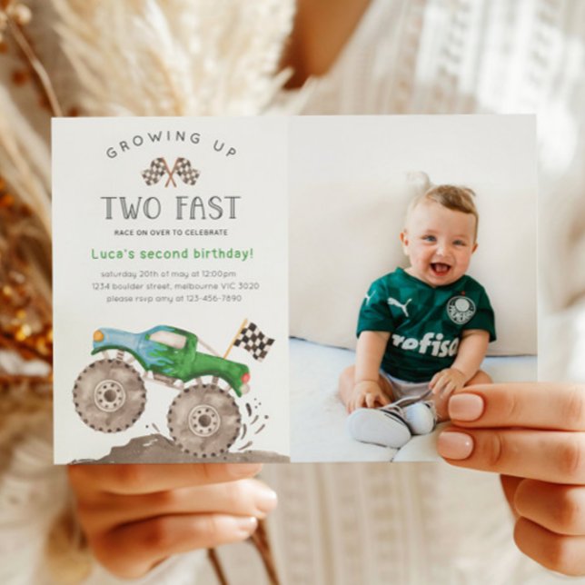 Convites Two Fast Green Monster Truck Birthday Photo (Criador carregado)