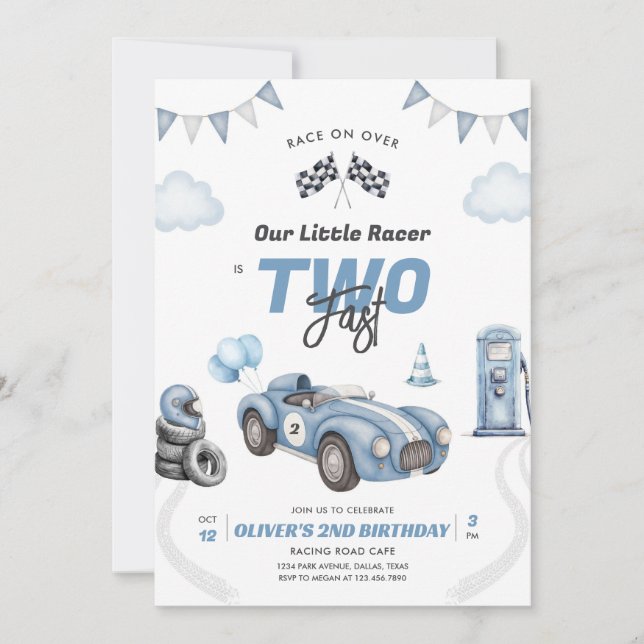 Convites Two Fast Race Car Boy 2nd Birthday Invitation (Frente)
