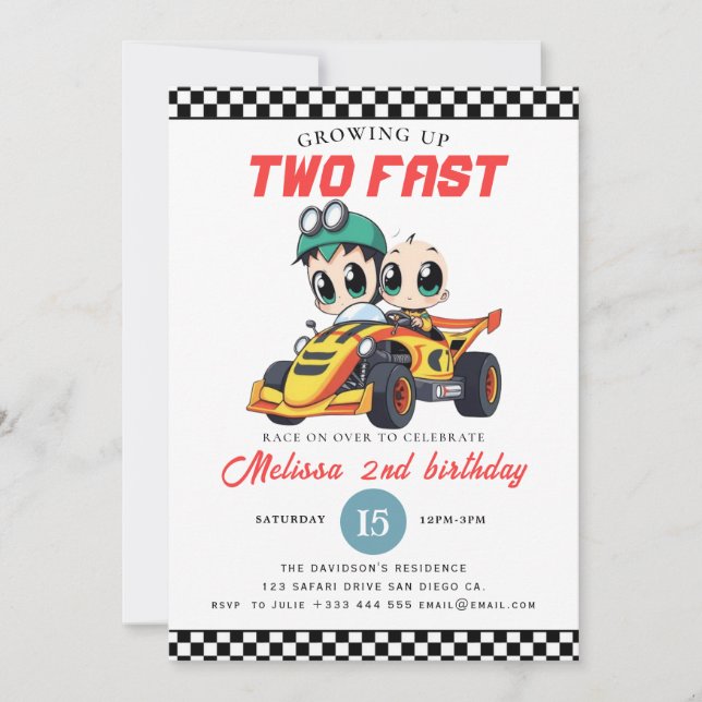 Convites Two Fast Race Car Boy 2nd Birthday Party (Frente)