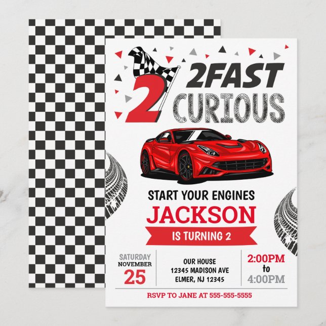 Convites Two Fast Race Car Boy 2nd Birthday Party (Frente/Verso)