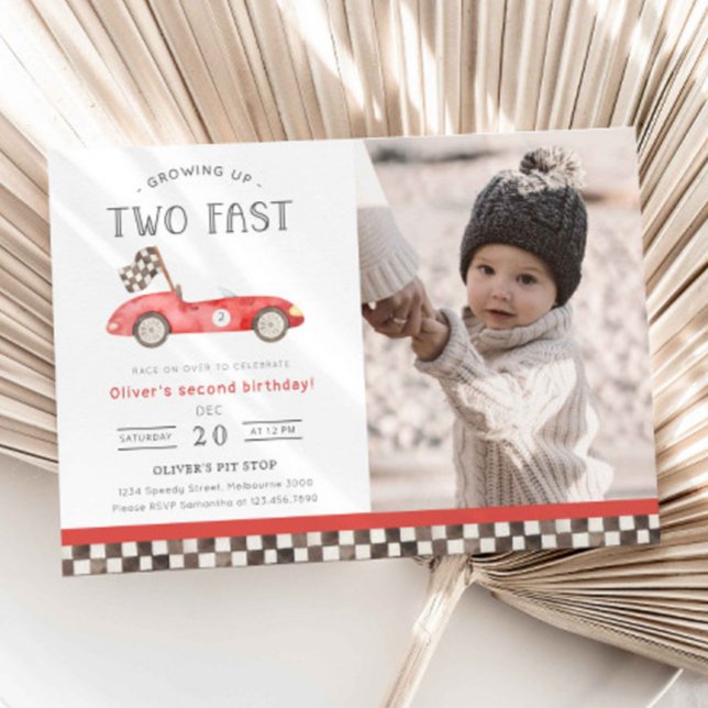 Convites Two Fast Red Race Car 2nd Birthday Photo (Criador carregado)