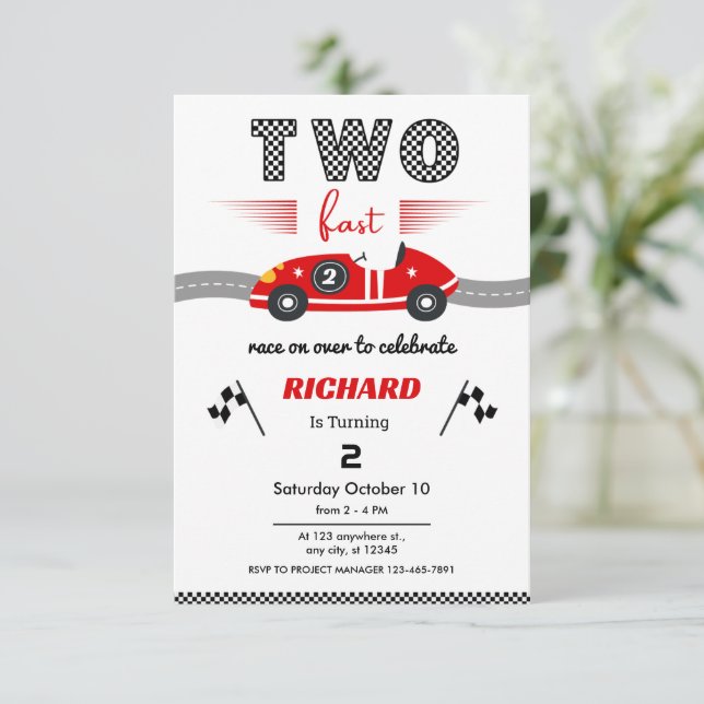 Convites Two Fast Red Race Car 2nd Birthday °Race (Em pé/Frente)