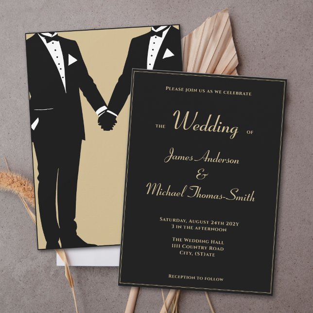 Convites Two Grooms Elegant Black Gold Tuxedo Wedding (Criador carregado)