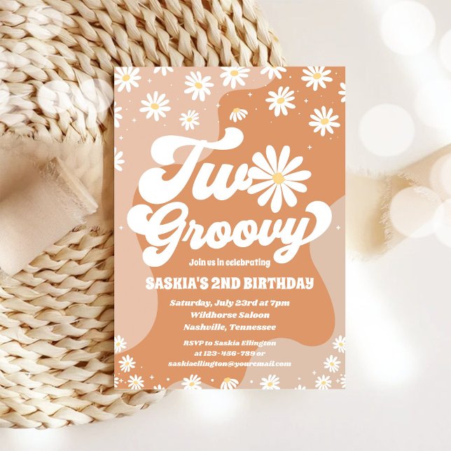 Convites Two Groovy Retro Daisy 2nd Birthday Invitation (Criador carregado)