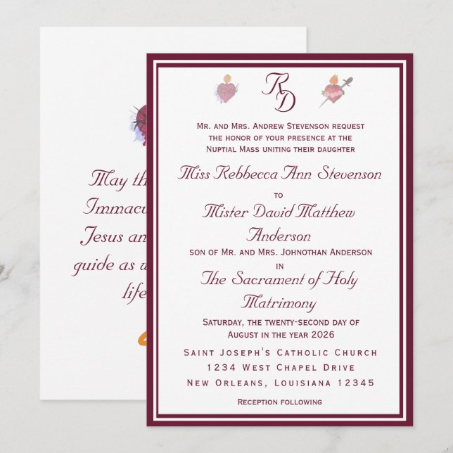 Convites Two Hearts Burgundy Catholic Wedding Invitation (Frente/Verso)
