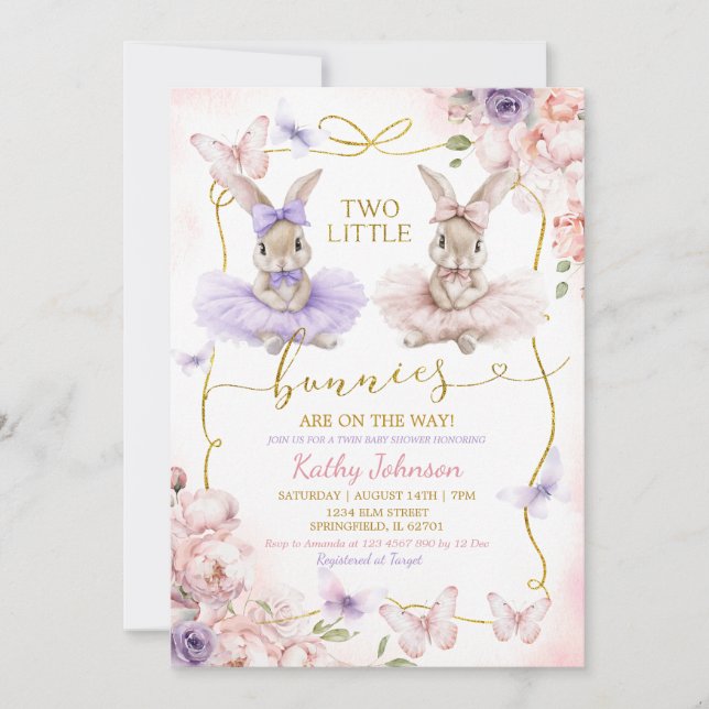 Convites Two Little Bunnies Twins Floral Girl Baby Shower (Frente)