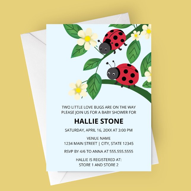Convites Two Little Love Bugs Ladybug Baby Shower (Two Little Love Bugs Ladybug Baby Shower Invite | Floral Garden Twin Shower Invitation)