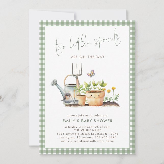 Convites Two Little Sprouts Twins Sage Gingham Baby Shower  (Frente)