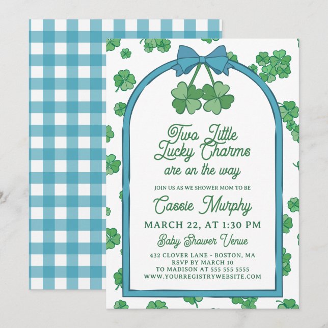 Convites Two Lucky Charms Clovers Boy Twins Baby Shower (Frente/Verso)