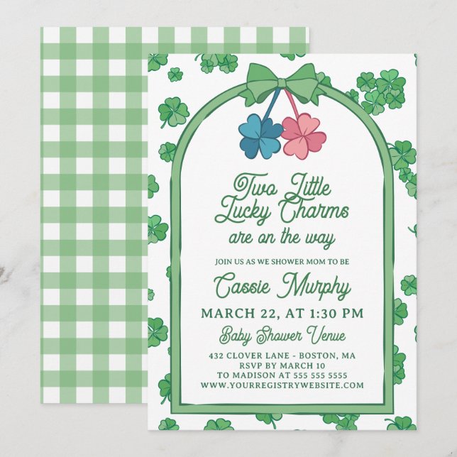 Convites Two Lucky Charms Clovers Girl Boy Twin Baby Shower (Frente/Verso)