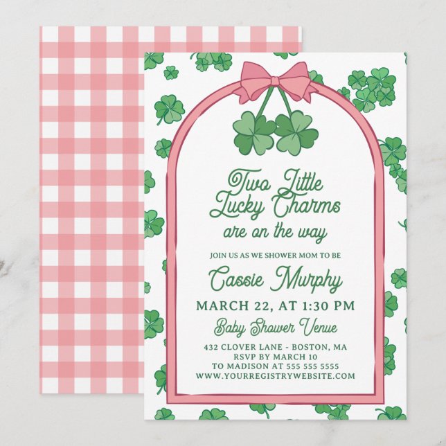 Convites Two Lucky Charms Clovers Girl Twins Baby Shower (Frente/Verso)