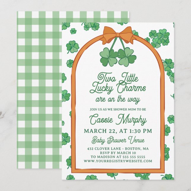 Convites Two Lucky Charms Clovers Neutral Twin Baby Shower (Frente/Verso)