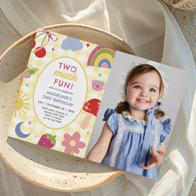 Convites Two Much Fun Retro Hand Drawn 2nd Birthday Photo (Criador carregado)