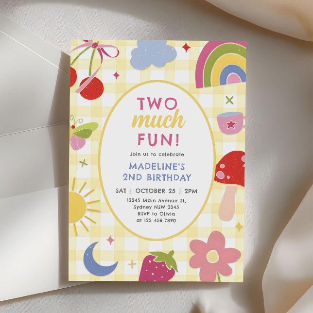 Convites Two Much Fun Retro Hand Drawn Quirky 2nd Birthday (Criador carregado)