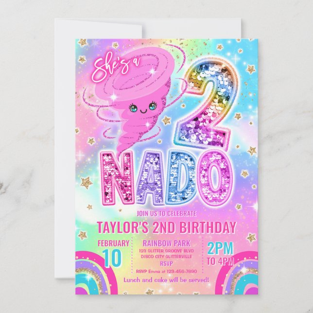 Convites Two Nado Rainbow Glitter 2nd Birthday Party  (Frente)