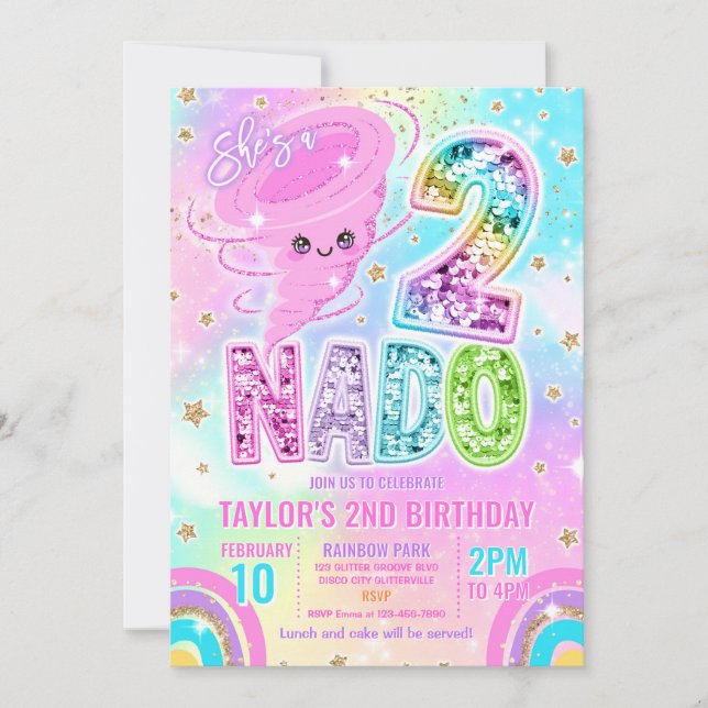 Convites Two Nado Rainbow Glitter 2nd Birthday Party  (Frente)