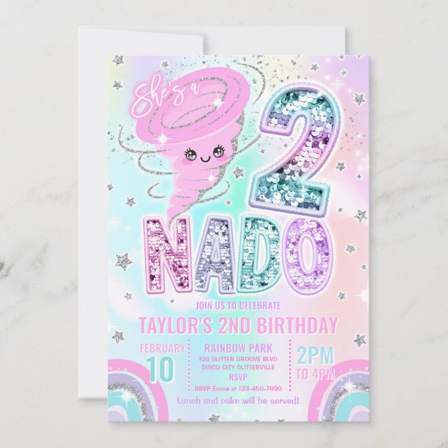 Convites Two Nado Rainbow Glitter 2nd Birthday Party  (Frente)