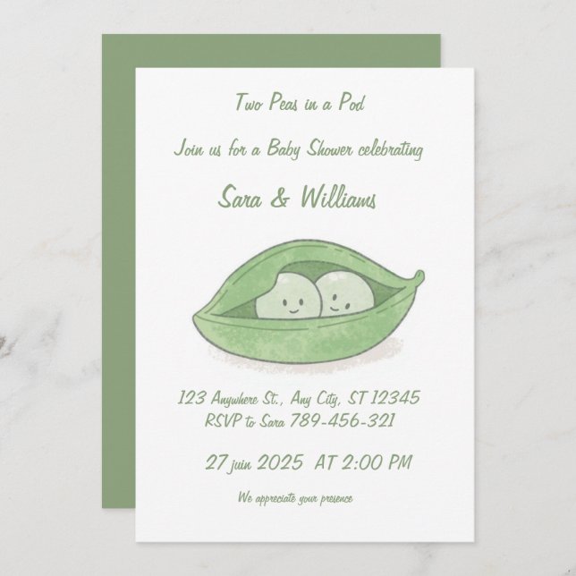 Convites Two Peas In a Pod Twin Baby Shower Invitation (Frente/Verso)