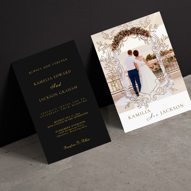 Convites Two-Piece Rose Gold Black Back Minimalist Wedding  (Black And Gold)