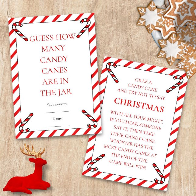Convites Two Printable Candy Cane Theme Christmas Game Card (Front and back view)