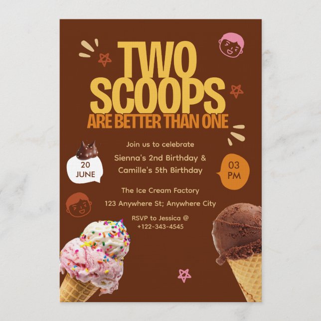 Convites Two Scoops are Better Than One Ice Cream Birthday  (Frente)