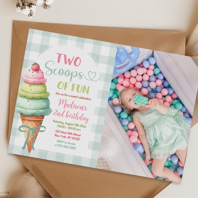 Convites Two Scoops Of Fun Ice Cream Bow 2nd Birthday Photo (Criador carregado)