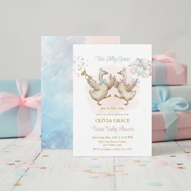 Convites Two Silly Geese Pink And Blue Twins Baby Shower (Criador carregado)