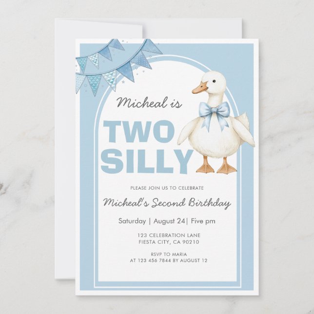 Convites Two Silly Goose Blue Boy Second Birthday (Frente)