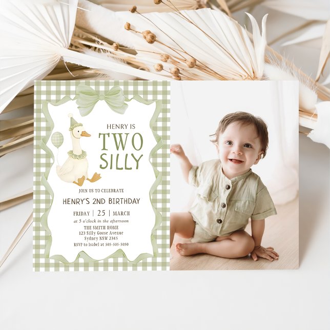 Convites Two Silly Goose Gingham 2nd Birthday Invitation (Criador carregado)