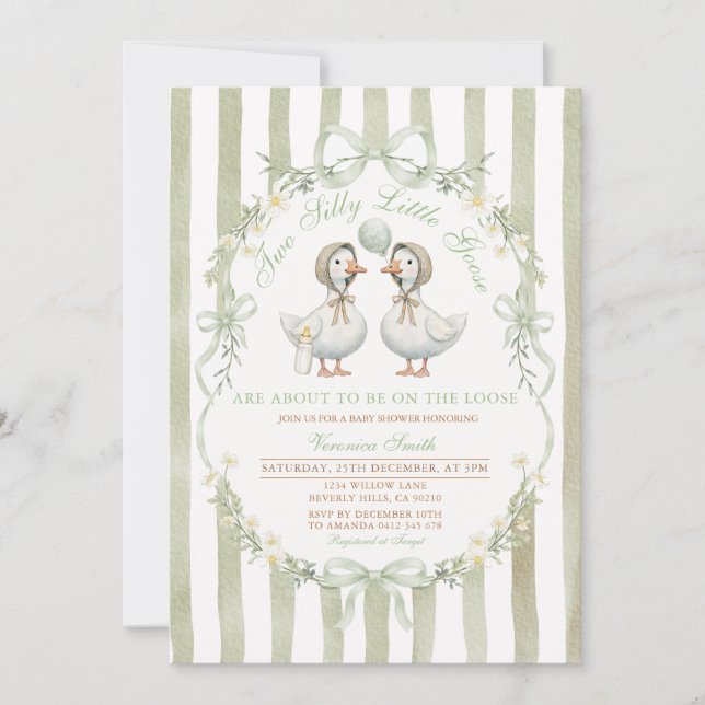 Convites Two Silly Little Geese Baby Shower Twin Neutral (Frente)