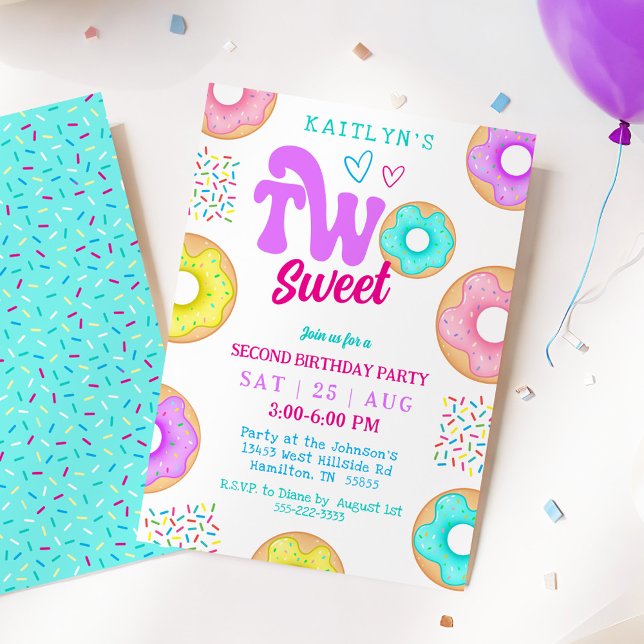 Convites Two Sweet Sprinkle Doughnut Second Birthday Party (Two Sweet Sprinkle Doughnut Second Birthday Party Invitation)