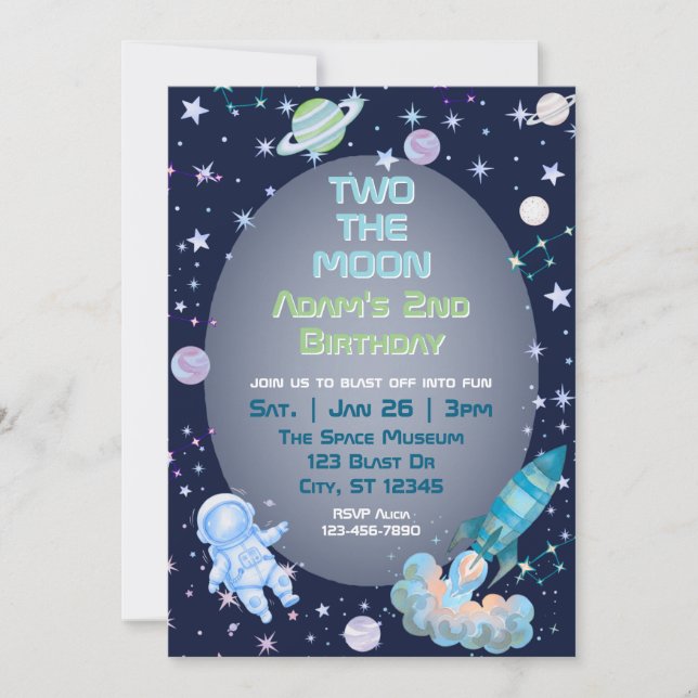 Convites Two The Moon, Blue Green Space 2nd Birthday  (Frente)
