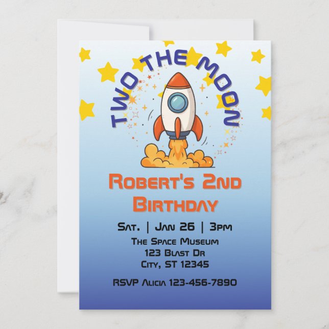 Convites Two The Moon, Rocket 2nd Birthday Invitation (Frente)