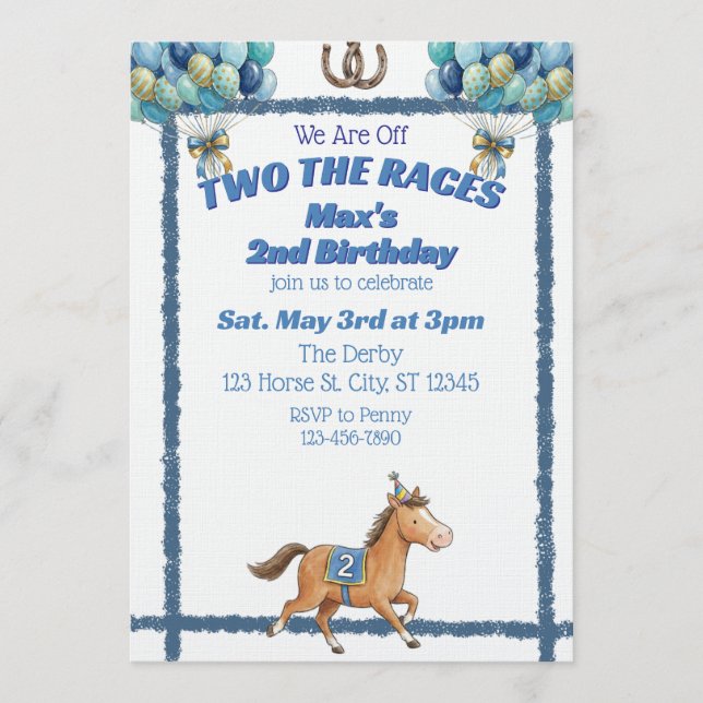 Convites Two The Races, Blue Horse 2nd Birthday (Frente)