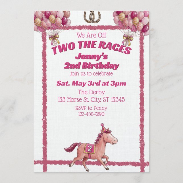 Convites Two The Races, Pink Horse 2nd Birthday (Frente)