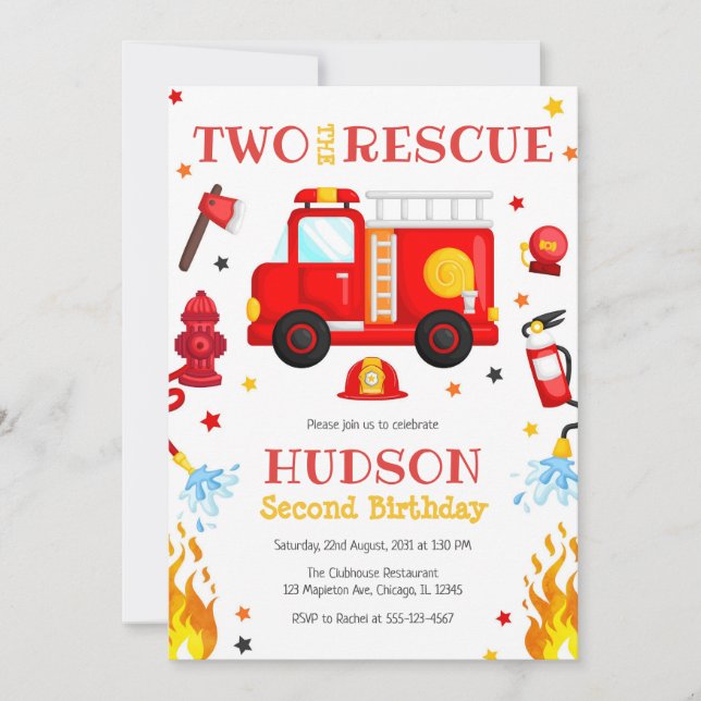 Convites Two the Rescue Firetruck 2nd Birthday Invitation (Frente)